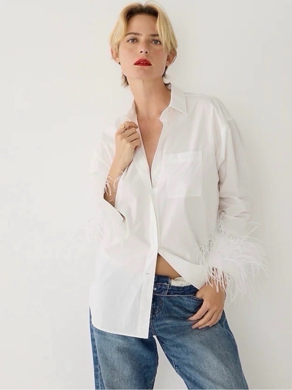 J. Crew White Feather-Trim Button-Down Shirt